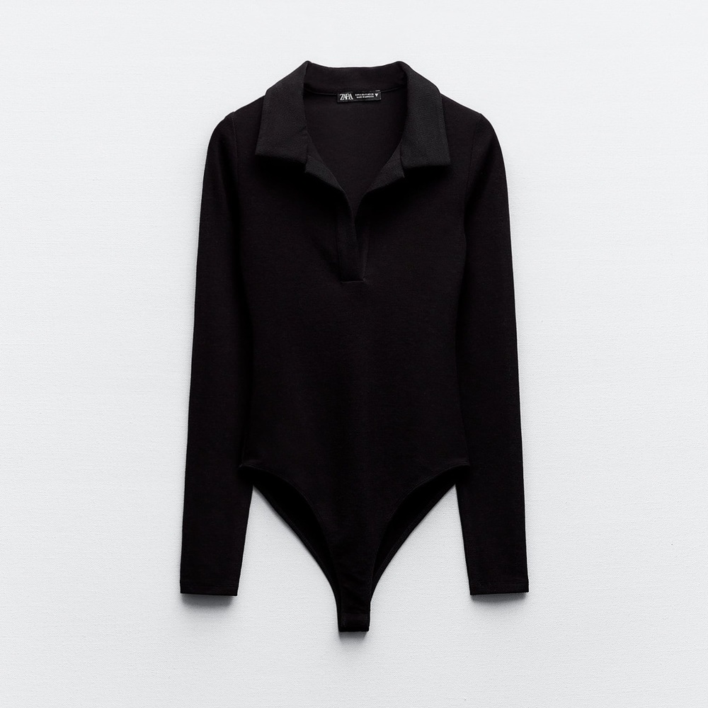 Zara Black Long Sleeve Polo Collar Bodysuit